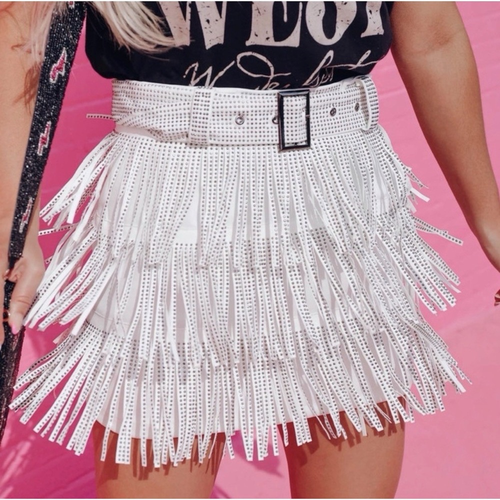 NEW! Nylon Apparel Rhinestone Studded Fringe Mini Skirt Skort Belt White SZ M